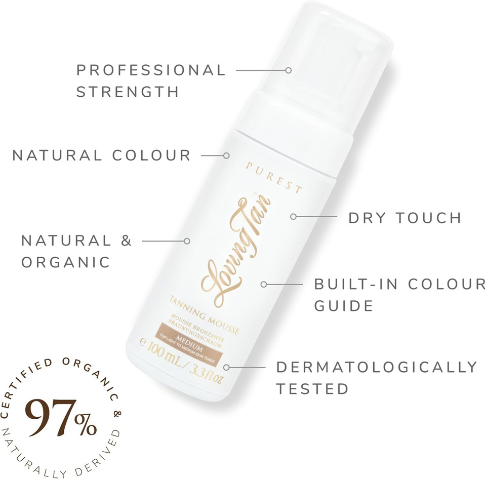 Loving Tan Purest Tanning Mousse, Dark  Sunless Tanner Made From 97% Certified Organic & Naturally Derived Ingredients  Up to 5+ Self Tan Applications Cruelty Free, Vegan Friendly- 100 ml