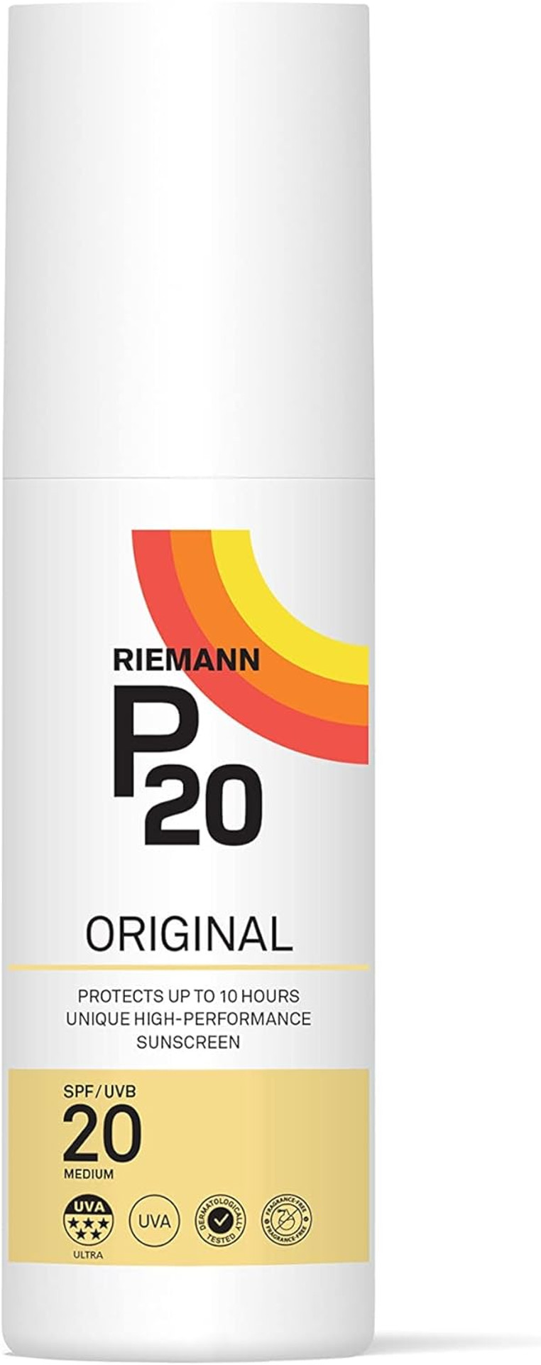 Riemann P20 Once a day Sunscreen SPF20 Cream/Lotion 100ml. Non greasy, hydrating, absorbs fast & long lasting, 5 star UVA & UVB, protection up to 10hrs, water resistant. No fragrance, all day long