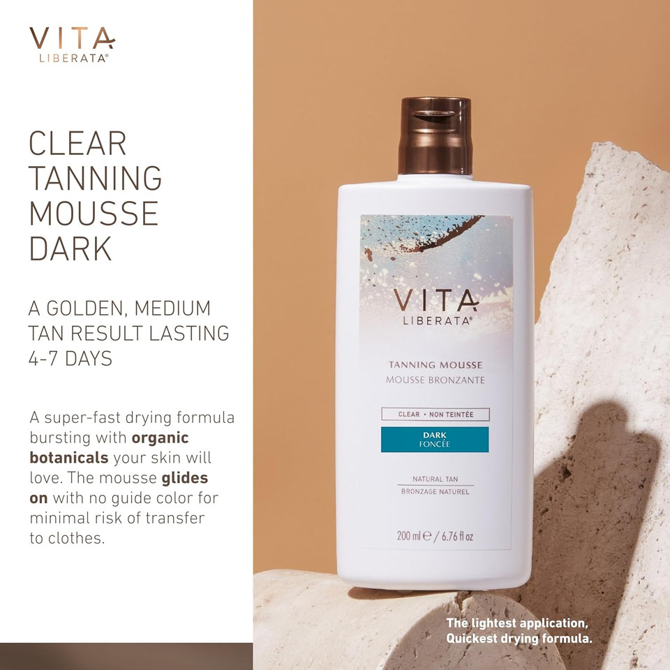 Vita Liberata Clear Self Tanning Mousse - Dark, Lightweight & Fast Drying Formula, Untinted For Minimal Transfer, Lasting Tan, Formulated with Organic Aloe Vera & Hyaluronic Acid, 200ml