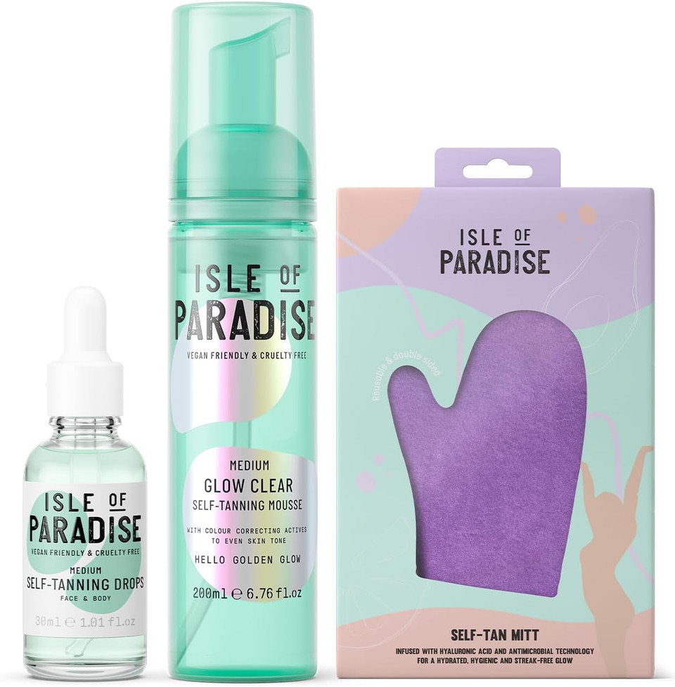 Isle of Paradise Self Tan Mousse, Medium Glow Clear Self Tanning Foam (200ml) + Self Tanning Face Drops Medium (30 ml) + Isle of Paradise Self Tan Mitt Applicator Mitt for Self Tanning