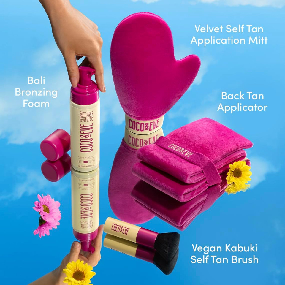 Coco & Eve Bali Bae Self Tan Set (Medium). All Natural Sunless Tanning Mousse. Instant Self Tanning Lotion with Bronzer, Miit & Back Applicator for Flawless Application and Bronze