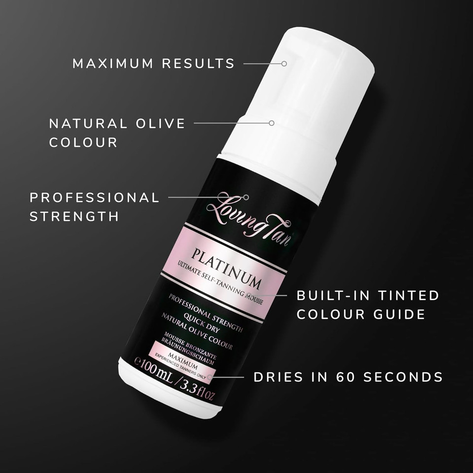 Loving Tan Platinum Self Tanning Mousse, Dark - Streak Free, Natural Looking, Professional Quality Self Tanner - 5+ Self Tan Applications per Bottle, Cruelty Free, Naturally Derived DHA - 3.3 Fl Oz