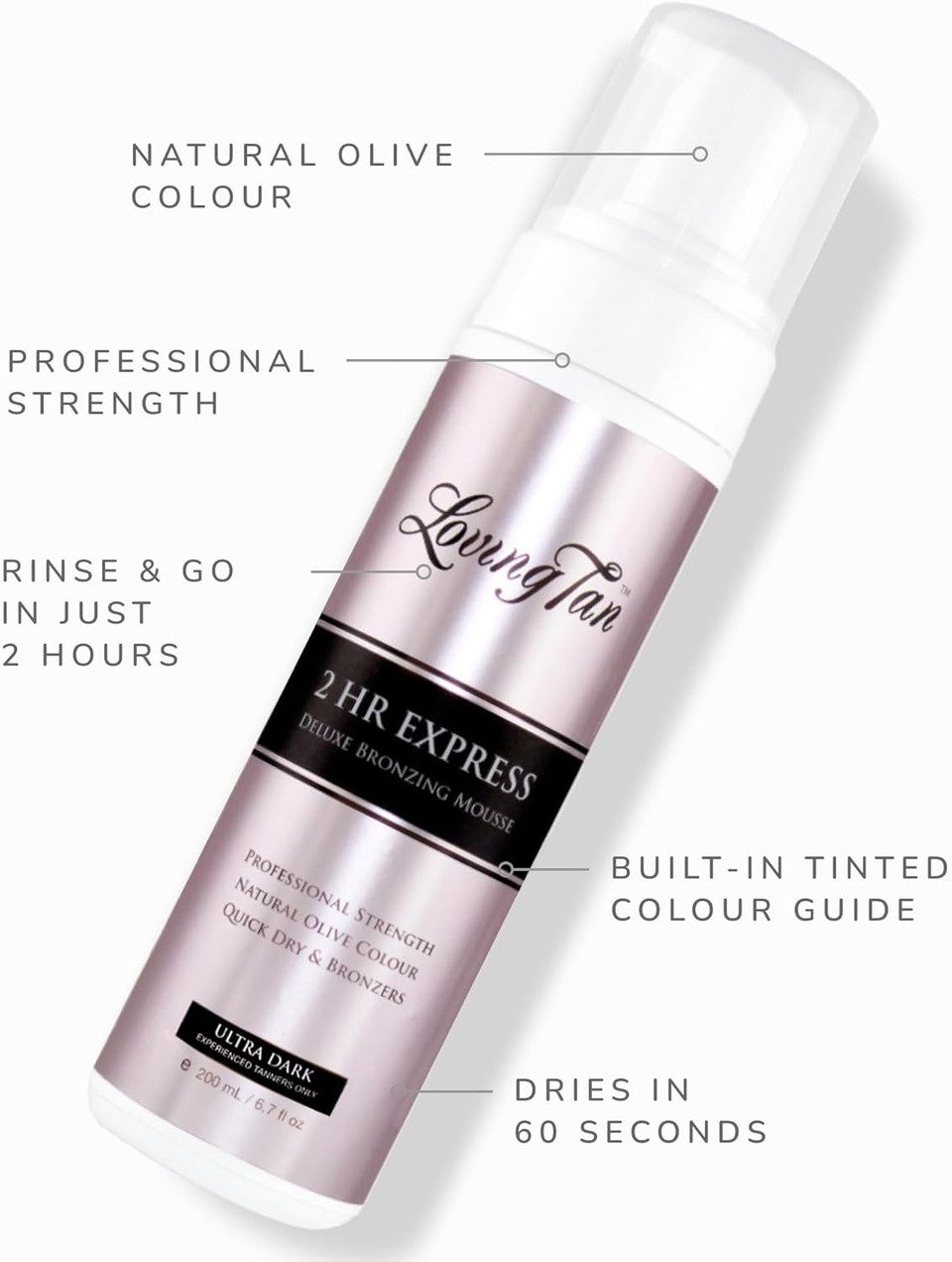 Loving Tan 2 HR Express Mousse, Ultra Dark Streak Free, Natural looking, Professional Strength Sunless Tanner Up to 5 Self Tan Applications per Bottle, Cruelty Free, Naturally Derived DHA 200 ml