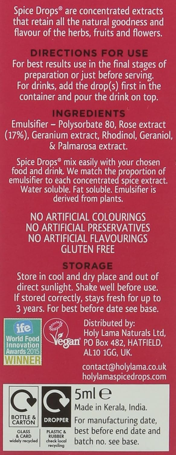 Holy Lama Spice Drops Rose Extract  Great Taste Awards. Natural Cooking Ingredient, Sweet and Confectionery Recipes, Cocktails 1 x 5ml Bottle