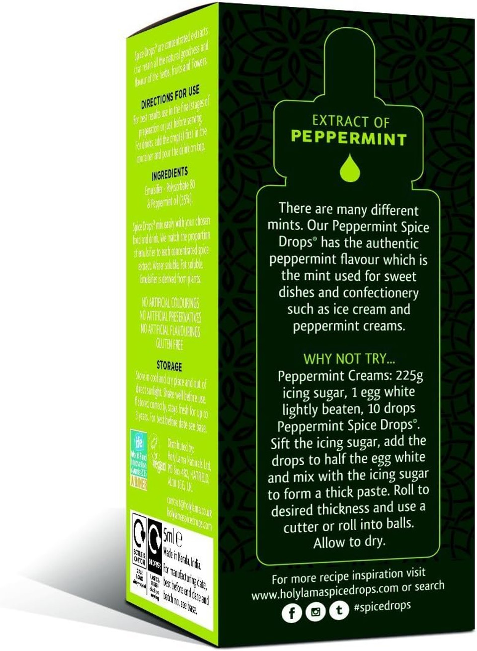 Holy Lama Spice Drops Peppermint Extract  Great Taste Awards. Natural Cooking Ingredient, Sweet and Confectionery Recipes, Drinks, Teas, Cocktails 1 x 5ml Bottle