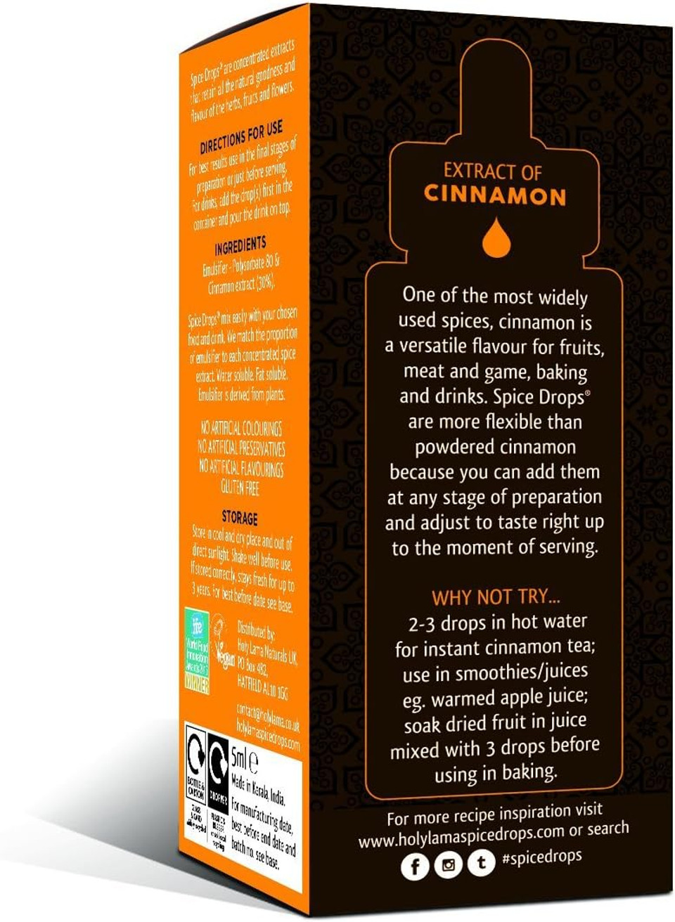 Holy lama Spice Drops Cinnamon Spices Extract  Great Taste Awards. Natural Cooking Ingredient. Savoury, Sweet, Baking, Dessert, Latte or Tea Drinks Recipes 1 x 5ml Bottle