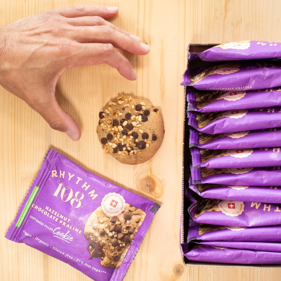 Rhythm 108 Swiss Organic Vegan Hazelnut Chocolate Praline Soft-Baked Filled Cookie 12 x 50g