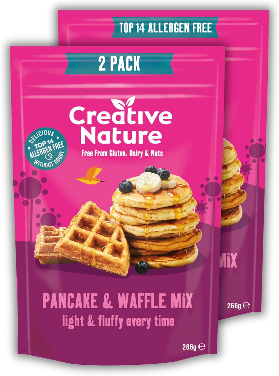 Gluten Free Pancake & Waffle Mix (2 x 266g) | Creative Nature Vegan Pancake Mix | Nut Free, Dairy Free | Top 14 Allergen Free | 2 Pack