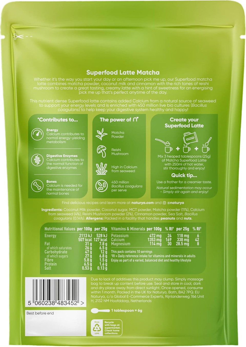 Naturya Energizing Matcha Superfood Latte Blend 250g - Creamy Vegan & Gluten-Free Matcha Green Tea with Coconut Milk, Reishi Mushroom, Live Bio Cultures & Seaweed (250g)
