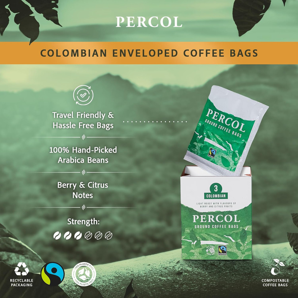Percol - Colombian Ground Coffee Enveloped Bags (30x8g), Luxury Roast & Ground, Fairtrade, Hand-Picked Arabica Beans, Single Origin, Light Roast, Strength 3, Sustainable, Compostable