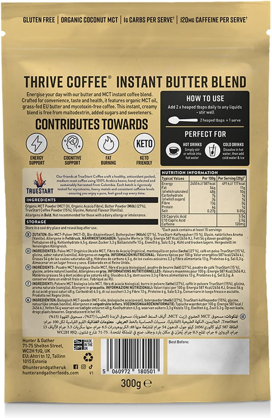 Hunter & Gather Grass-Fed Thrive Coffee 300g All-In-One Bulletproof Keto Coffee Recipe | Organic MCT, Butter, Arabica; Mycotoxin-Free