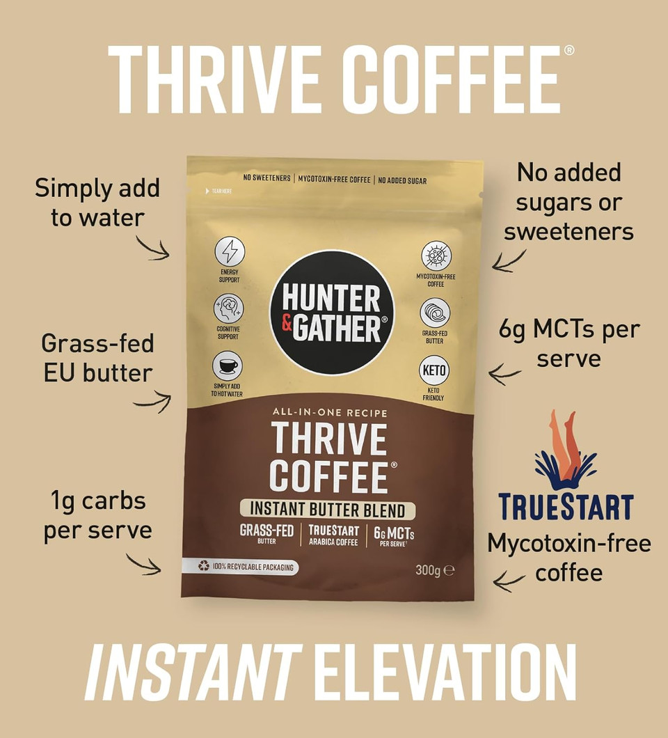 Hunter & Gather Grass-Fed Thrive Coffee 300g All-In-One Bulletproof Keto Coffee Recipe | Organic MCT, Butter, Arabica; Mycotoxin-Free
