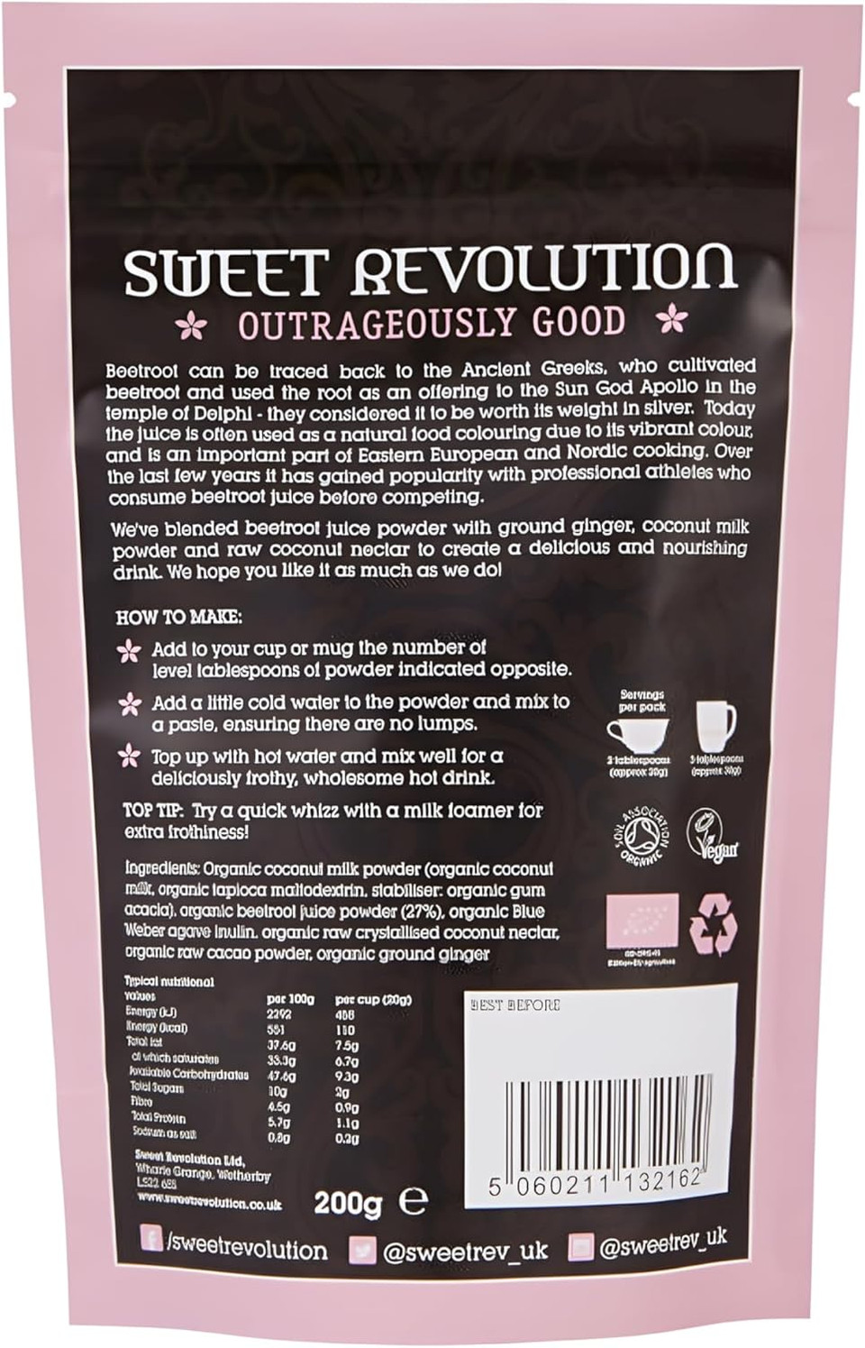 Sweet Revolution Organic Instant Beetroot Latte with Ginger (200g), Dairy Free and Gluten Free