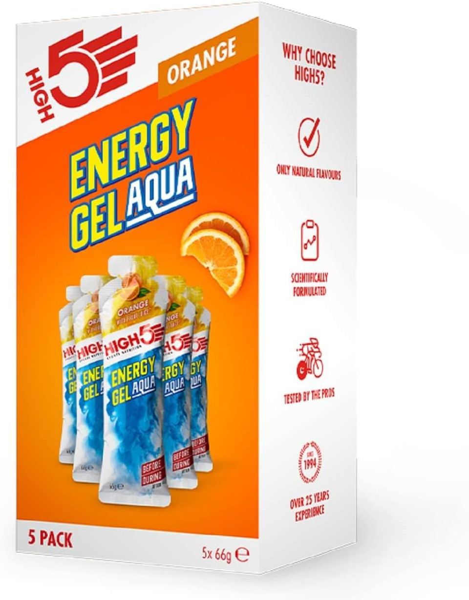 HIGH5 Energy Gels Aqua - Quick Release Sports Gels to Power Muscles for Peak Performance - Natural Fruit Juice & Caffeine-Free - Fast Energy Boost for Running, Cycling, Endurance (Orange, 5 x 66g) HIGH5 Energy Gels Aqua - Quick Release Sports Gels to Power Muscles for Peak Performance - Natural Fruit Juice & Caffeine-Free - Fast Energy Boost for Running, Cycling, Endurance (Orange, 5 x 66g)