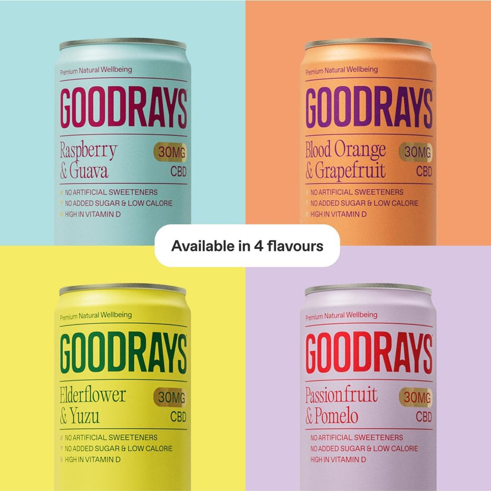 Goodrays - 30mg CBD Drink - 6 x 250ml Cans - Blood Orange & Grapefruit - Natural Flavours, Low Calorie, Vegan - High Strength (30mg/can), All Natural - Reduce Stress & Unwind, Packaging May Vary