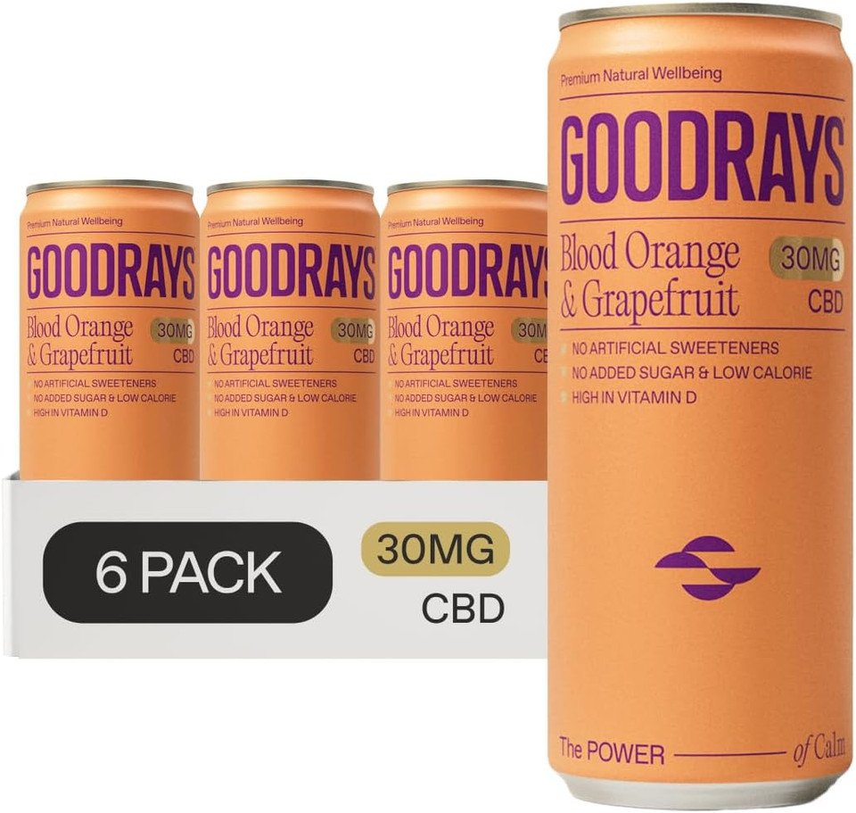 Goodrays - 30mg CBD Drink - 6 x 250ml Cans - Blood Orange & Grapefruit - Natural Flavours, Low Calorie, Vegan - High Strength (30mg/can), All Natural - Reduce Stress & Unwind, Packaging May Vary