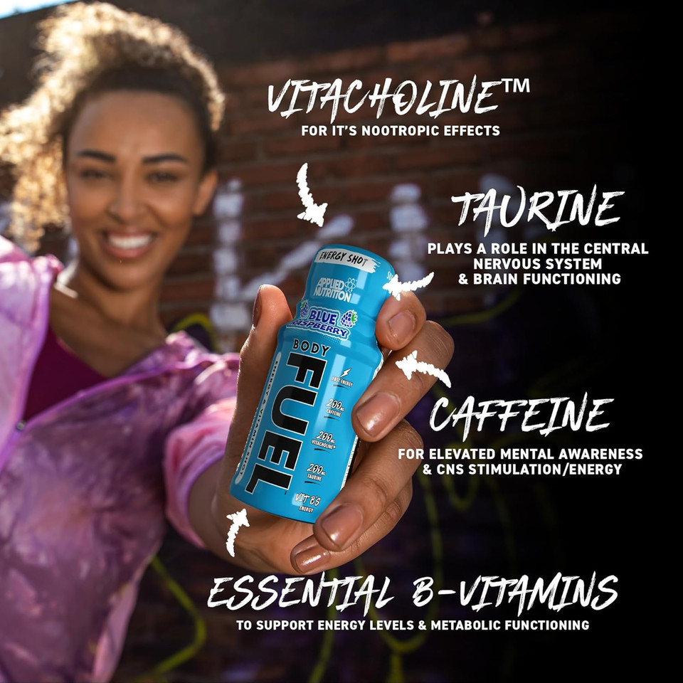 Applied Nutrition BodyFuel Energy Shot - Body Fuel Prime Energy Shot, Physical Performance with B-Vitamins, Taurine, Caffeine, Sugar Free, Zero Calories (Box 12 Units x 60ml) (Blue Raspberry)