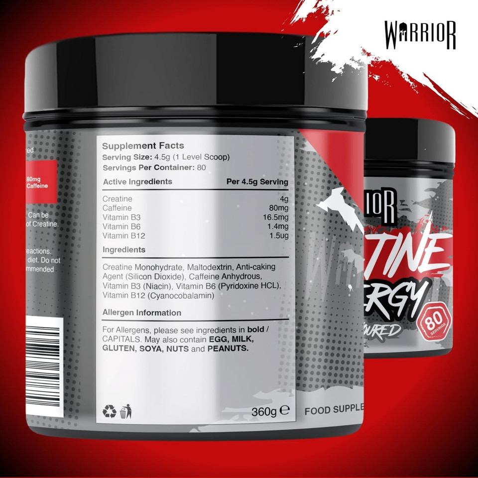 Warrior Creatine Monohydrate Powder + Energy 360g - Formulated as a Pre Workout to Fuel Performance and Support Muscle Recovery - Contains Caffeine & Vitamins - 80 Servings (Unflavoured)