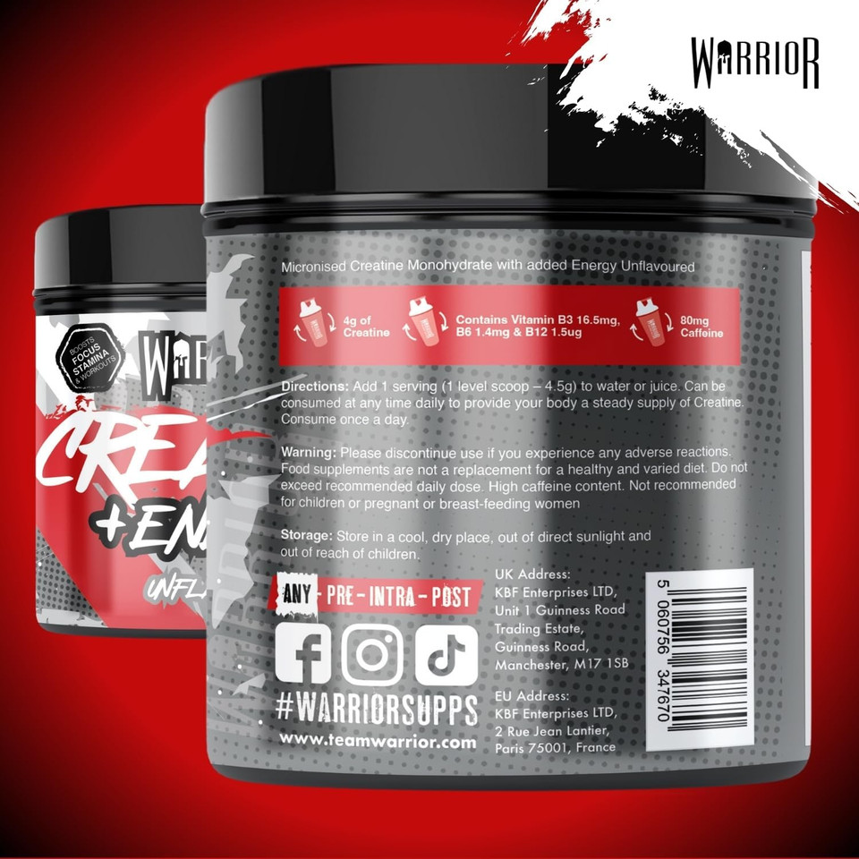 Warrior Creatine Monohydrate Powder + Energy 360g - Formulated as a Pre Workout to Fuel Performance and Support Muscle Recovery - Contains Caffeine & Vitamins - 80 Servings (Unflavoured)