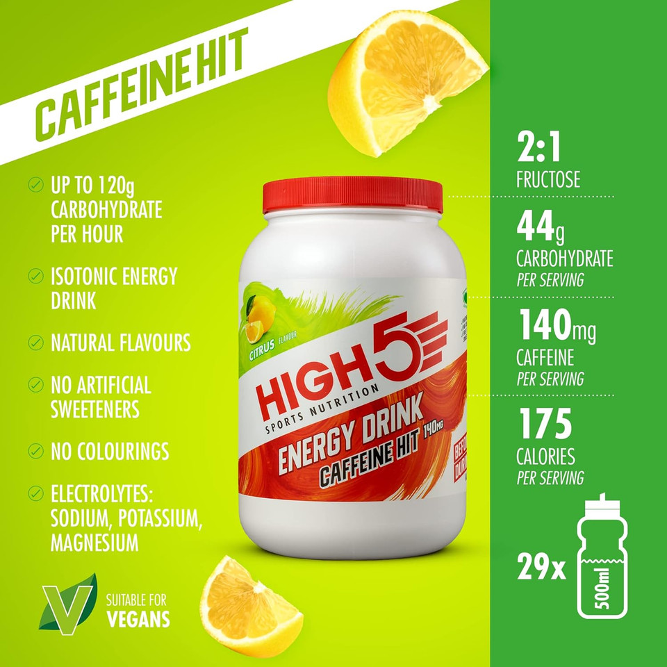 HIGH5 Energy Drink Caffeine Hit - Electrolytes Sport Energy Drink Powder - Isotonic Drink with 2:1 Fructose - Hydration for Running, Cycling, Endurance Fuel - Natural Flavours, Vegan (Citrus, 12x47g) HIGH5 Energy Drink Caffeine Hit - Electrolytes Sport Energy Drink Powder - Isotonic Drink with 2:1 Fructose - Hydration for Running, Cycling, Endurance Fuel - Natural Flavours, Vegan (Citrus, 12x47g)