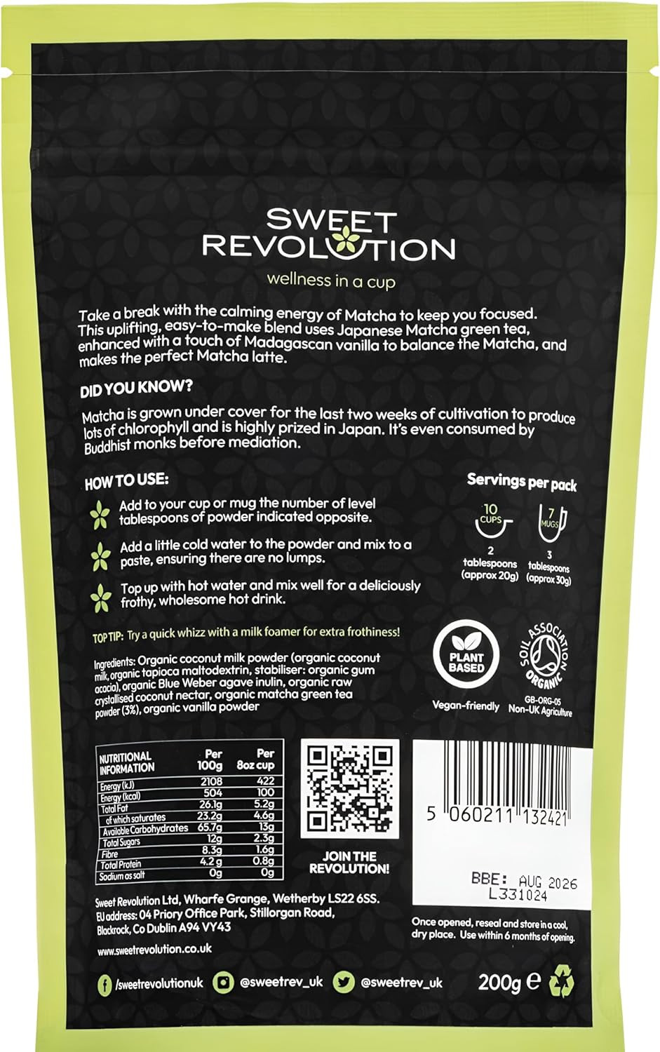 Sweet Revolution Organic Instant Matcha Latte with Vanilla (200g), Dairy Free and Gluten Free
