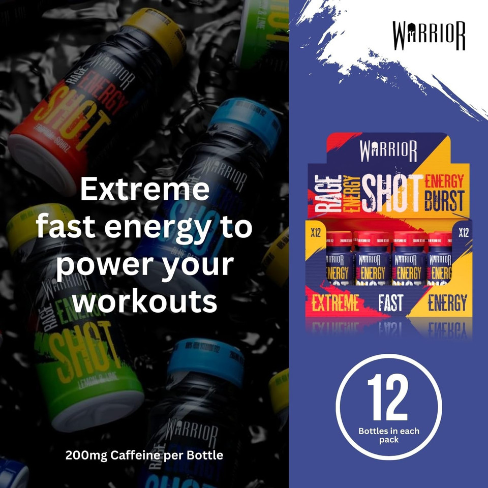 Warrior Rage Energy Shots - Pre Workout Shot Drink 12 x 60ml - RTD Fuel Juice Supplement (Liquid not Gels) - 200mg Caffeine to Lift Sessions and Running - Contains Vitamin B6 & B12 (Energy Flavour)
