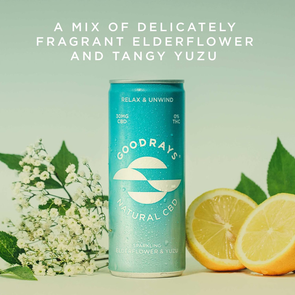 Goodrays - 30mg CBD Drink - 6 x 250ml Cans - Elderflower & Yuzu - Natural Flavours, Low Calorie, Vegan - High Strength (30mg/can), All Natural - Reduce Stress & Unwind