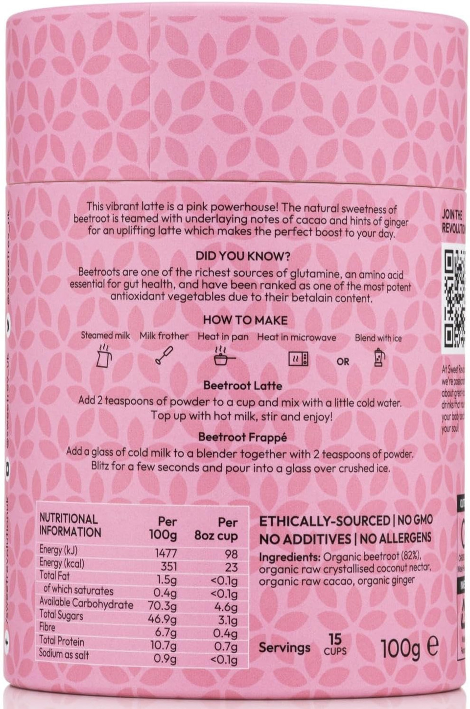 Sweet Revolution Organic Beetroot Latte with Ginger Barista Blend (1 x 100g) tub. Gluten Free, Dairy Free, Refined Sugar-Free