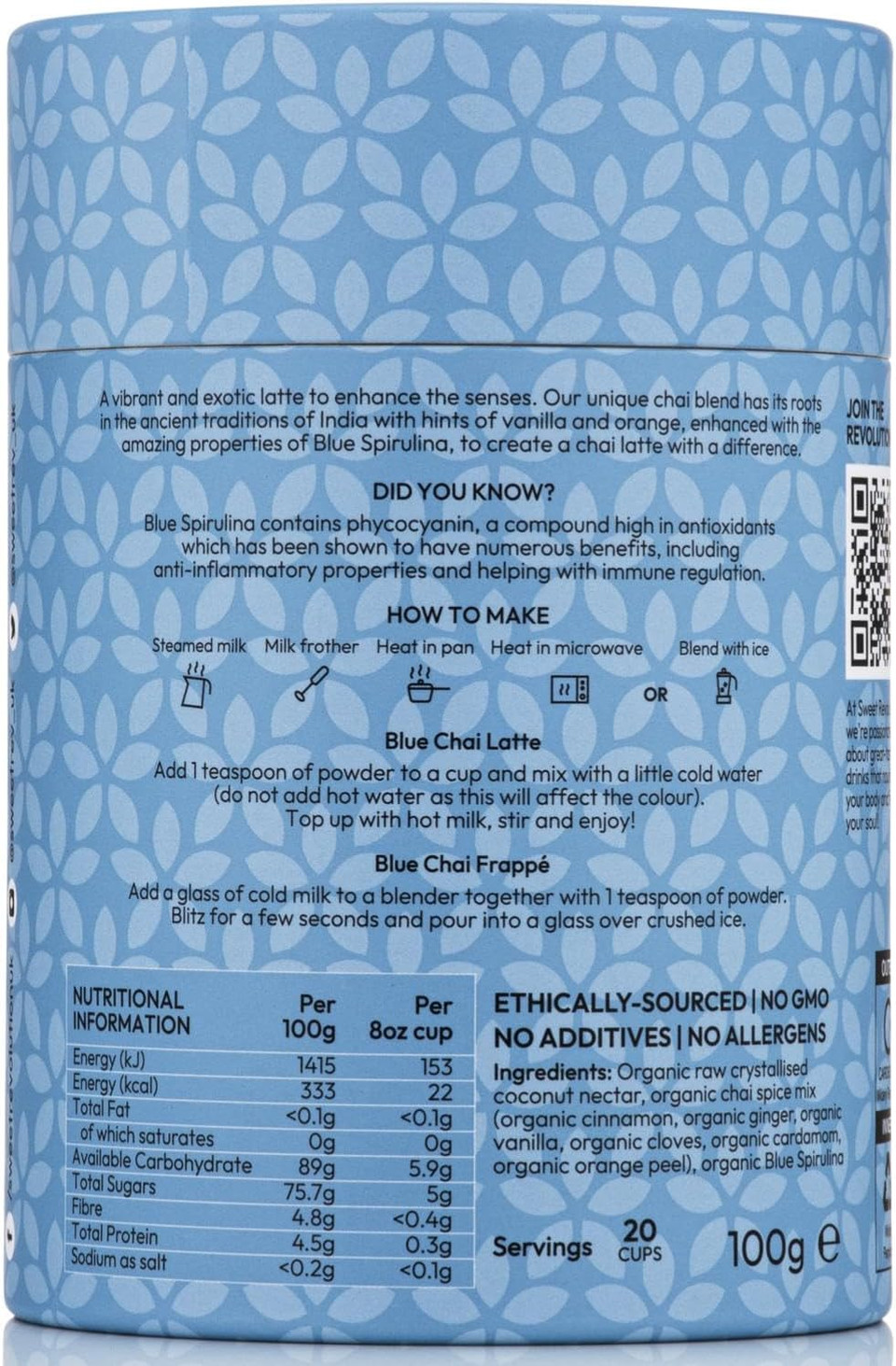 Sweet Revolution Blue Chai Latte with Spirulina Barista Blend (1 x 100g) tub. Caffeine Free, Gluten Free, Dairy Free, Refined Sugar-Free