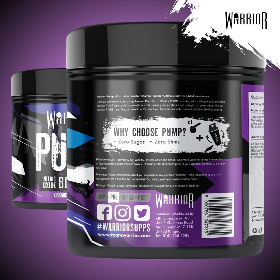 Warrior Pump Non Stim Pre-Workout Powder 225g  Nitric Oxide Supplement  Contains Citrulline Malate, Cyclic Dextrin for Energy, Focus, and Performance  30 Servings (Cosmic Raspberry)