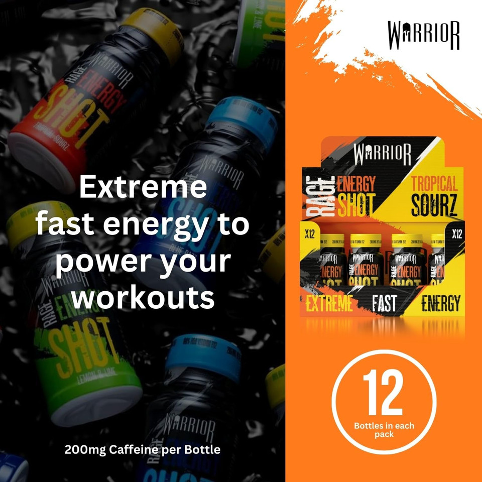 Warrior Rage Energy Shots - Pre Workout Shot Drink 12 x 60ml - RTD Fuel Juice Supplement (Liquid not Gels) - 200mg Caffeine to Lift Sessions and Running - Contains Vitamin B6 & B12 (Tropical Sourz)