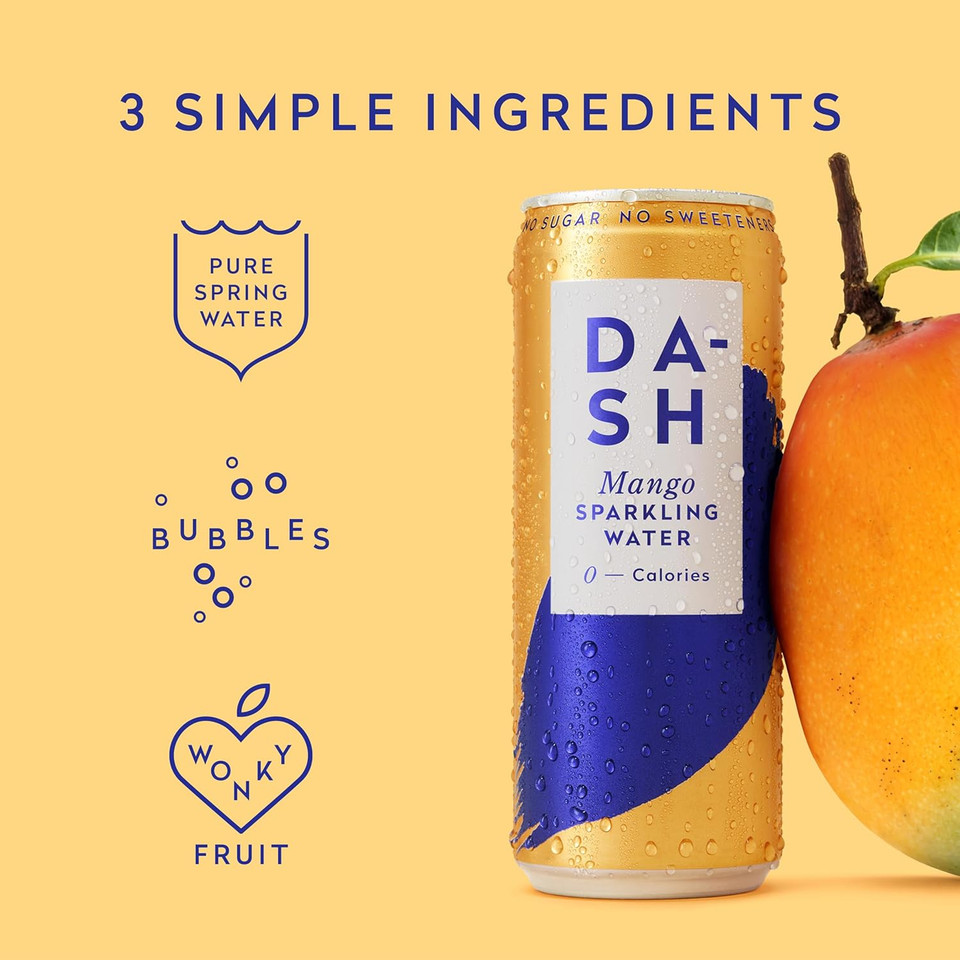 Dash Water Mango - 12 x Mango Flavoured Sparkling Spring Water - NO Sugar, NO Sweetener, NO Calories - Infused with Wonky Fruit (12 x 330ml cans)