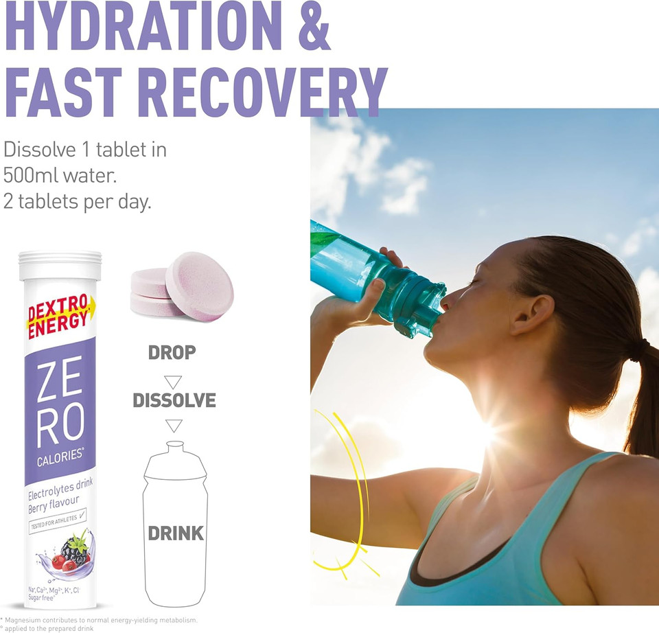 Dextro Energy Zero Calories I Recovery and Hydration Electrolyte Drink I Zero Effervescent Tablets I Berry | 3 Tubes, 60 Tablets |