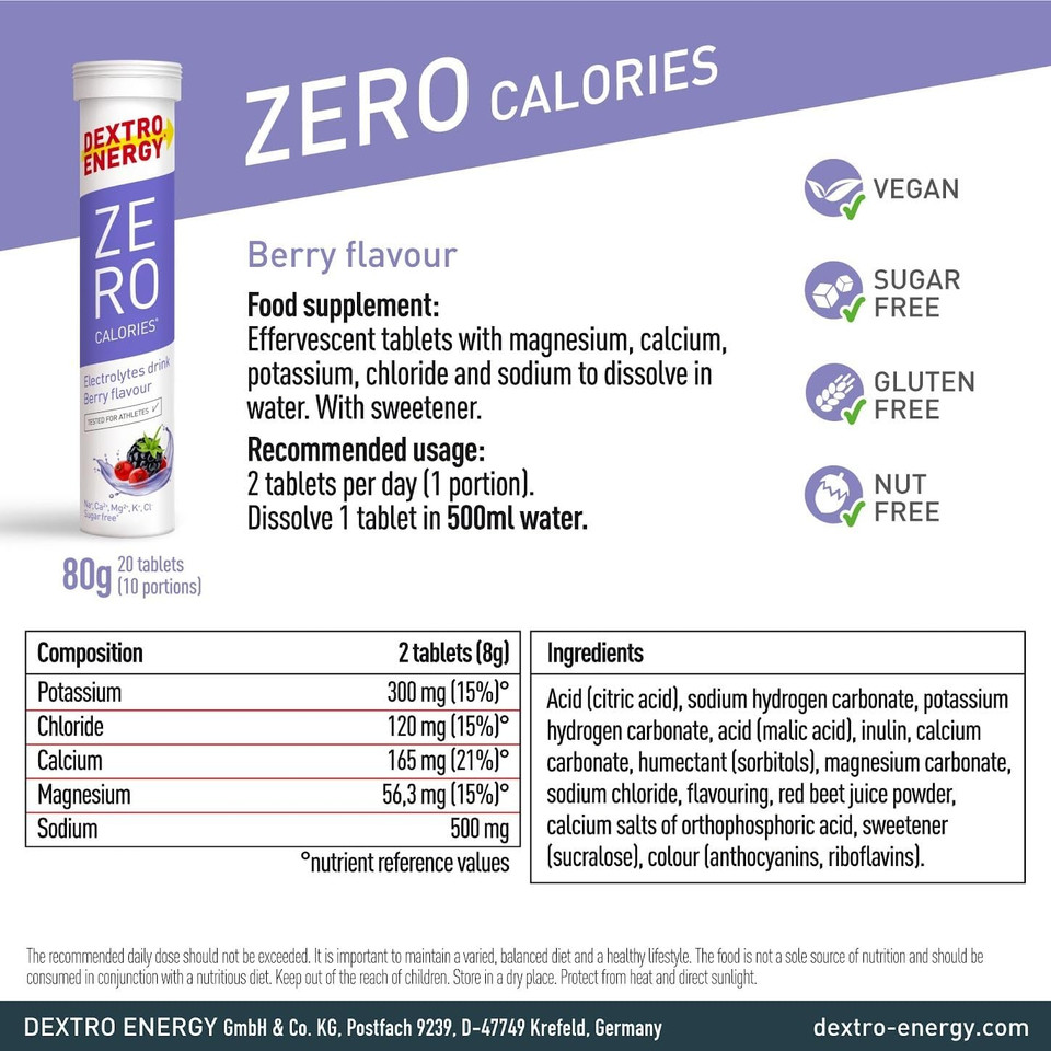 Dextro Energy Zero Calories I Recovery and Hydration Electrolyte Drink I Zero Effervescent Tablets I Berry | 3 Tubes, 60 Tablets |