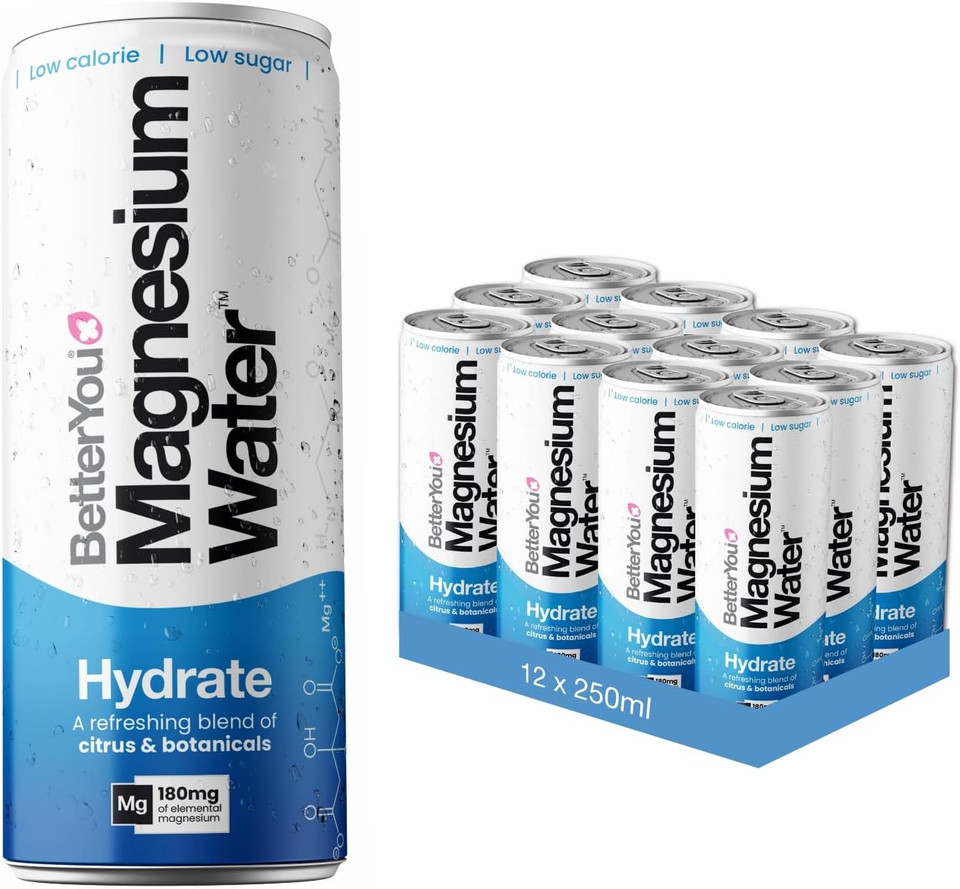BetterYou Magnesium Mineral Water, Energy, Natural Sustained Energy Boost, Magnesium Glycinate, Vital B Vitamins & Nitrates, Infused with Pomegranate & Rhubarb, Pack of 12, 250 ml BetterYou Magnesium Mineral Water, Energy, Natural Sustained Energy Boost, Magnesium Glycinate, Vital B Vitamins & Nitrates, Infused with Pomegranate & Rhubarb, Pack of 12, 250 ml