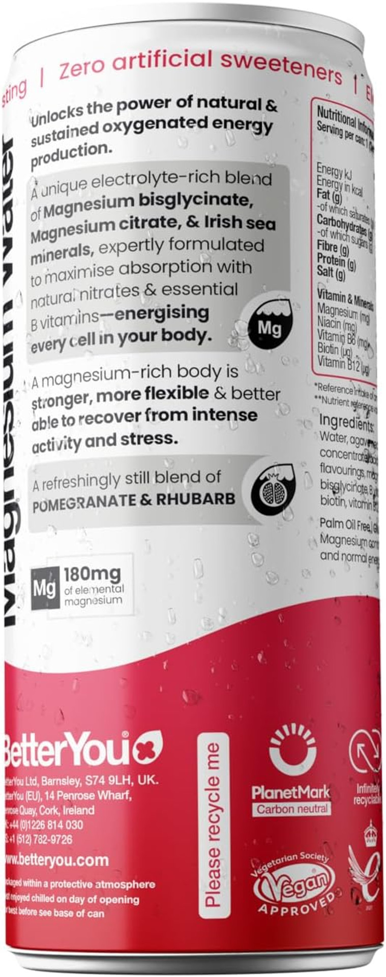 BetterYou Magnesium Mineral Water, Energy, Natural Sustained Energy Boost, Magnesium Glycinate, Vital B Vitamins & Nitrates, Infused with Pomegranate & Rhubarb, Pack of 12, 250 ml