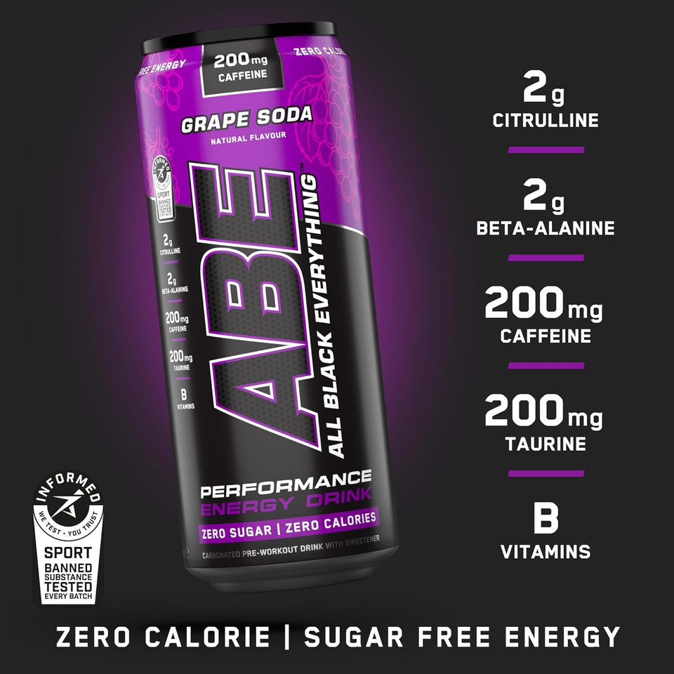 Applied Nutrition ABE Pre Workout Cans - All Black Everything Energy + Performance Drink, ABE Carbonated Beverage Sugar Free with Caffeine (Pack of 12 Cans x 330ml) (American Grape)