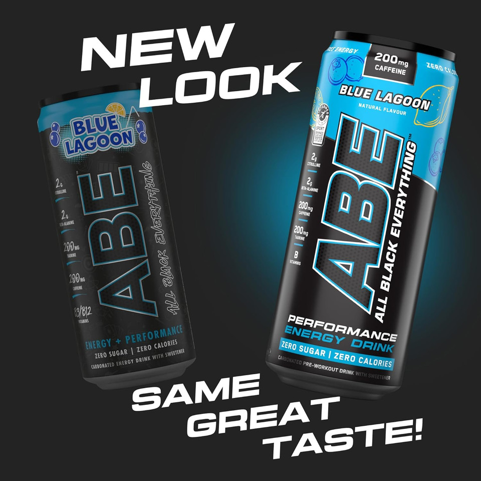 Applied Nutrition ABE Pre Workout Cans - All Black Everything Energy + Performance Drink, ABE Carbonated Beverage Sugar Free with Caffeine (Pack of 12 Cans x 330ml) (Blue Lagoon)