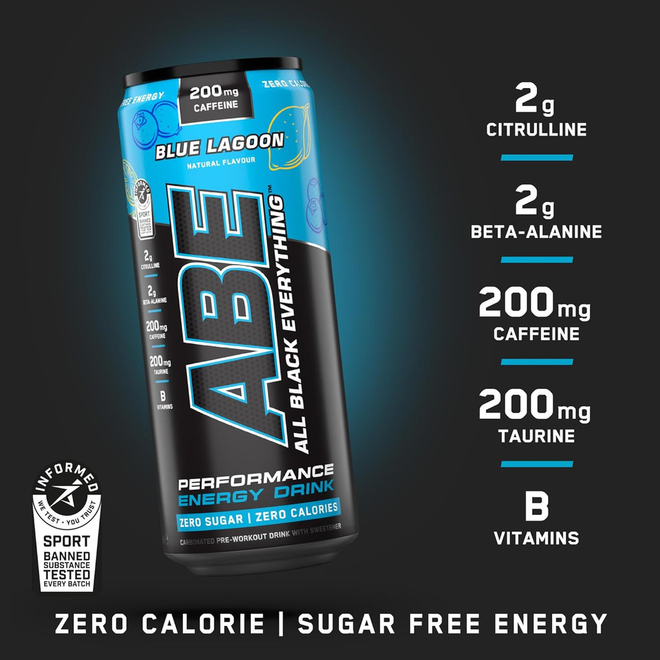 Applied Nutrition ABE Pre Workout Cans - All Black Everything Energy + Performance Drink, ABE Carbonated Beverage Sugar Free with Caffeine (Pack of 12 Cans x 330ml) (Blue Lagoon)