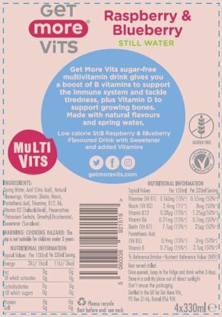 Get More Vits - Kids Multi Vits Raspberry & Blueberry Still Flavoured Spring Water (330ml x12), Natural , Sugar-Free, Low-Calorie, Stronger Immune System, Healthy Bones, Teeth & Muscles, Vegetarian