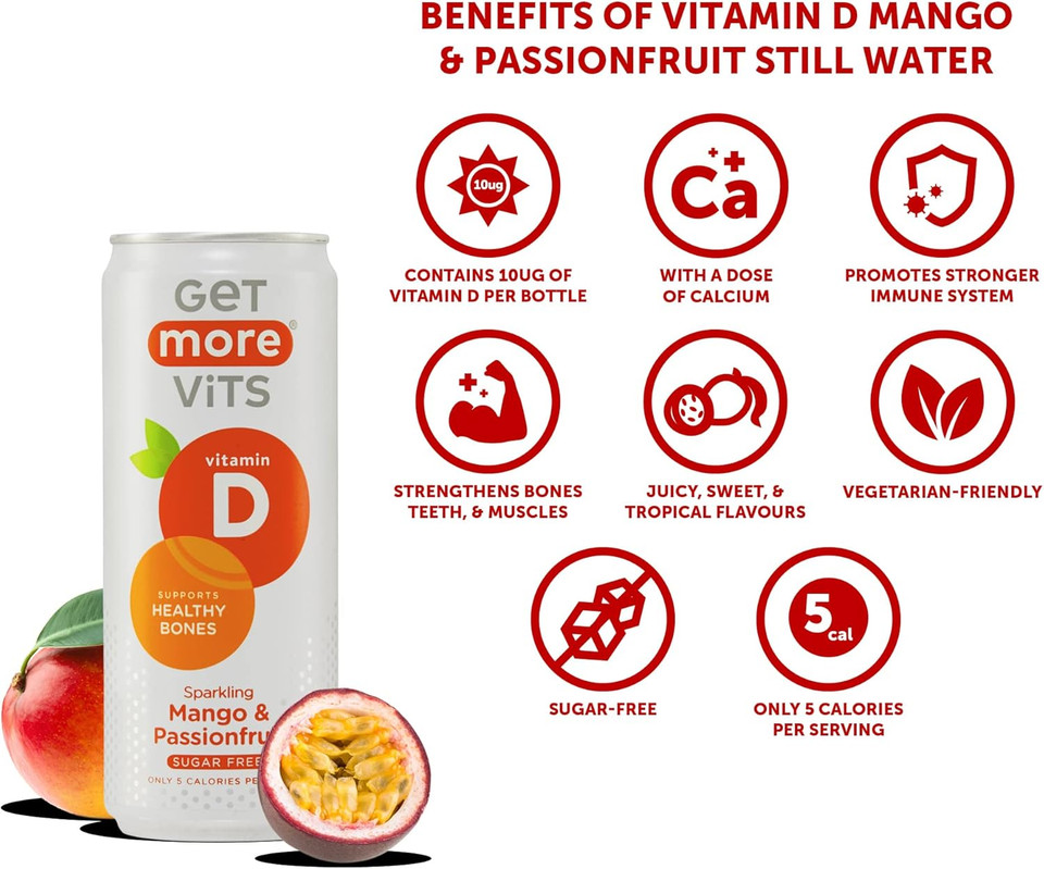 Get More Vits Flavoured Water - Sparkling Mango & Passionfruit with Vitamin D & Calcium - Low Calorie, Sugar Free, & Vegetarian Spring Water for Adults & Kids - 330ml Cans, Pack of 12 Get More Vits Flavoured Water - Sparkling Mango & Passionfruit with Vitamin D & Calcium - Low Calorie, Sugar Free, & Vegetarian Spring Water for Adults & Kids - 330ml Cans, Pack of 12