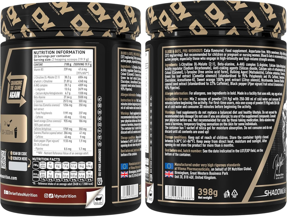 DY Nutrition - Blood and Guts Pre Workout Powder, 398g (Cola) - High Strength Preworkout with 350mg Caffeine, Citrulline Malate, Beta Alanine, Arginine AKG, L-Tyrosine, Vitamin B3 for Men & Women