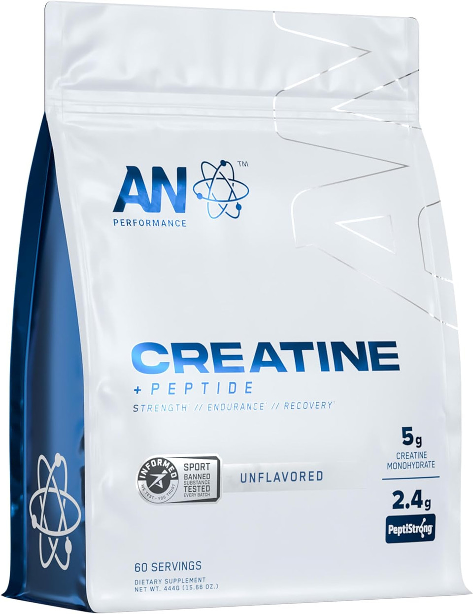AN Performance Creatine + Peptide Powder 5g Creatine Monohydrate and 2.4g PeptiStrong Per Serving for Strength Endurance Recovery and Muscle Growth Unflavoured (444g - 60 Servings)