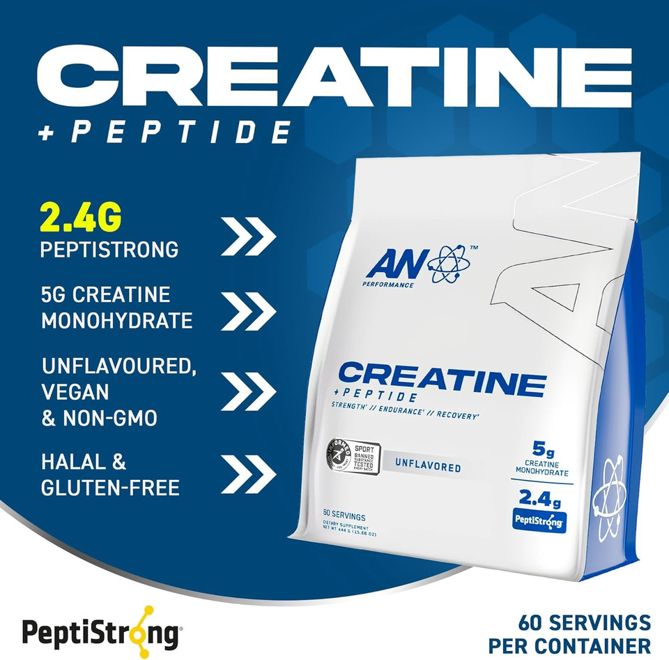 AN Performance Creatine + Peptide Powder 5g Creatine Monohydrate and 2.4g PeptiStrong Per Serving for Strength Endurance Recovery and Muscle Growth Unflavoured (444g - 60 Servings)