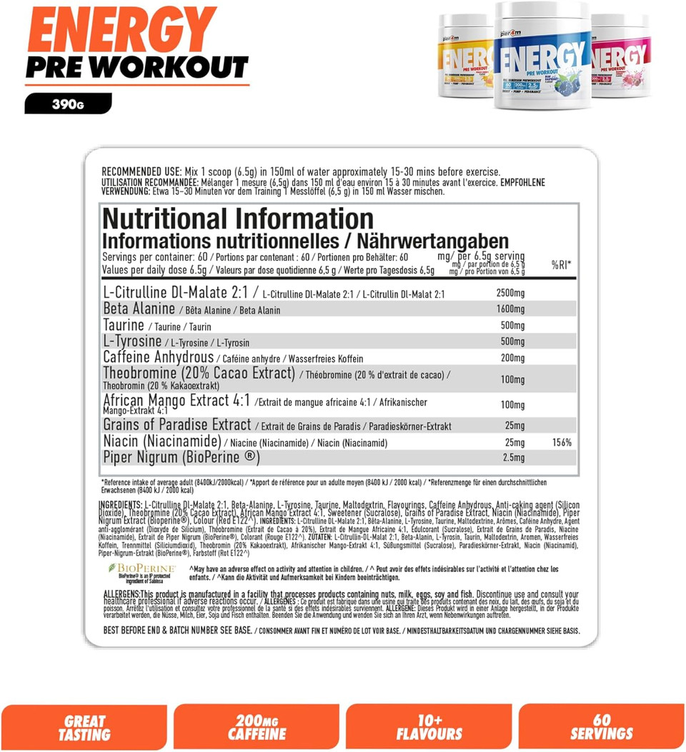 Per4m Energy Pre Workout with Amino Acids | Caffeine, Tyrosine, Citrulline & Theobromine | Endurance, Focus & Sustained Power | 60 Servings (390g, Raspberry Cherry)