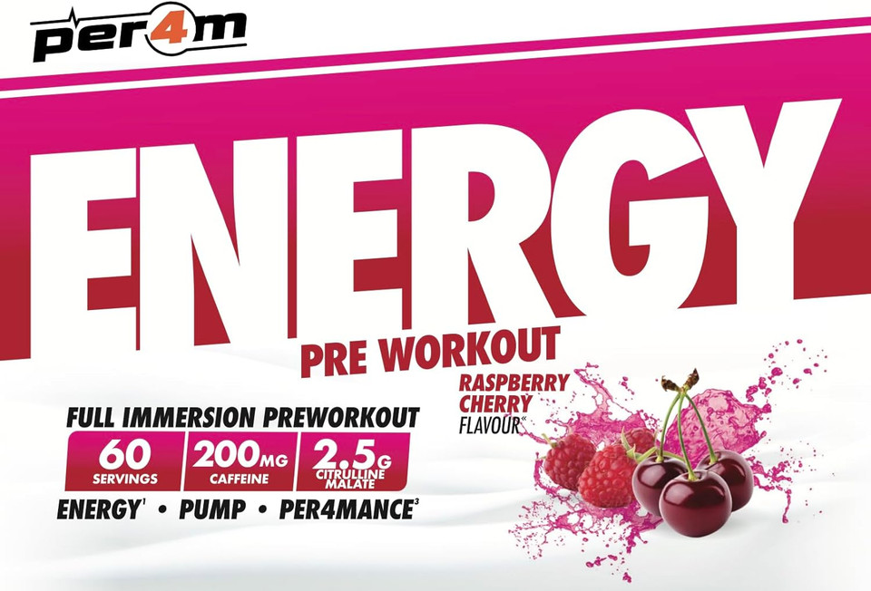Per4m Energy Pre Workout with Amino Acids | Caffeine, Tyrosine, Citrulline & Theobromine | Endurance, Focus & Sustained Power | 60 Servings (390g, Raspberry Cherry)