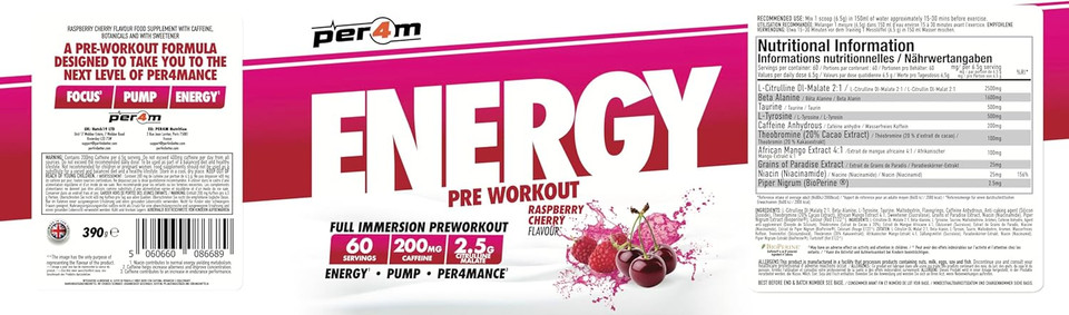 Per4m Energy Pre Workout with Amino Acids | Caffeine, Tyrosine, Citrulline & Theobromine | Endurance, Focus & Sustained Power | 60 Servings (390g, Raspberry Cherry)