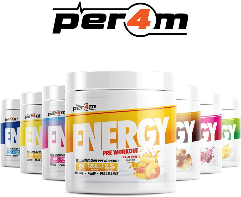 Per4m Energy Pre Workout with Amino Acids | Caffeine, Tyrosine, Citrulline & Theobromine | Endurance, Focus & Sustained Power | 60 Servings (390g, Lemon Sherbet Fizz)