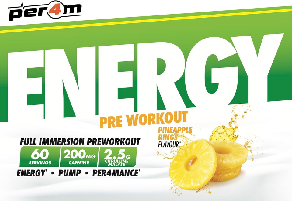 Per4m Energy Pre Workout with Amino Acids | Caffeine, Tyrosine, Citrulline & Theobromine | Endurance, Focus & Sustained Power | 60 Servings (390g, Pineapple Rings)