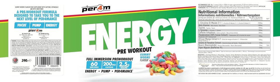 Per4m Energy Pre Workout with Amino Acids | Caffeine, Tyrosine, Citrulline & Theobromine | Endurance, Focus & Sustained Power | 60 Servings (390g, Gummy Worms)